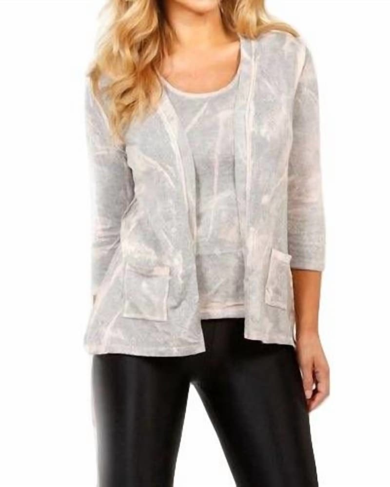 Front of a model wearing a size XL Bleach Cableknit Pocket Cardigan in Marble in Marble by ANGEL. | dia_product_style_image_id:325771